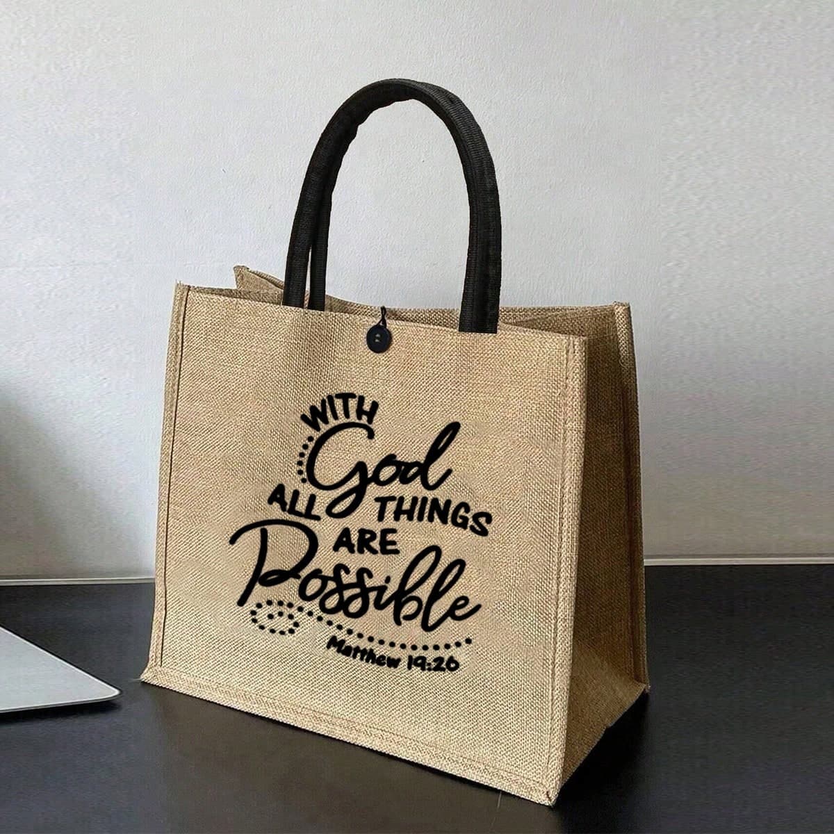 Sac fourre-tout en lin imprimé chrétien à motif simple pour les voyages et les vacances, le meilleur cadeau pour exprimer votre foi. Ce sac de